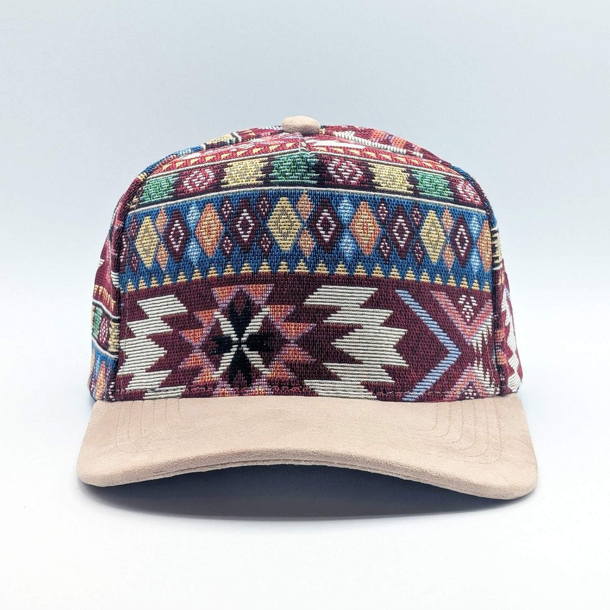 Jacquard Aztec Snapback Hat with a multicolored woven geometric crown and contrasting tan suede-style curved brim.