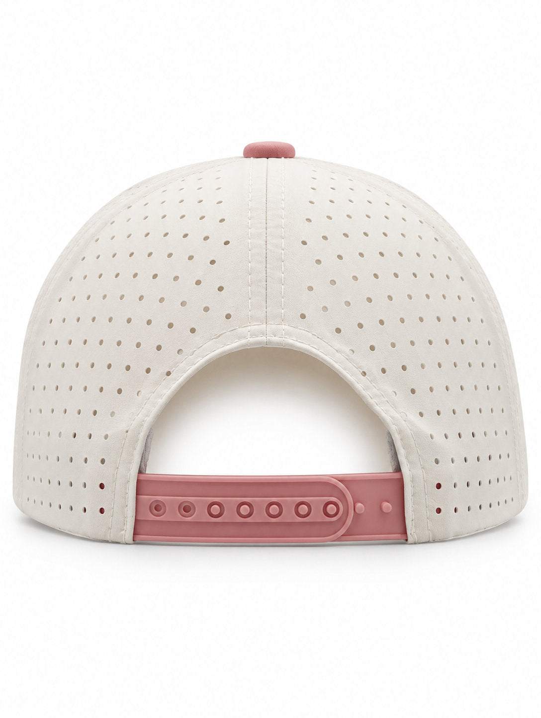 Back of the ivory and dusty pink MOJA Kids cap showing laser-cut ventilation holes and the adjustable snapback closure