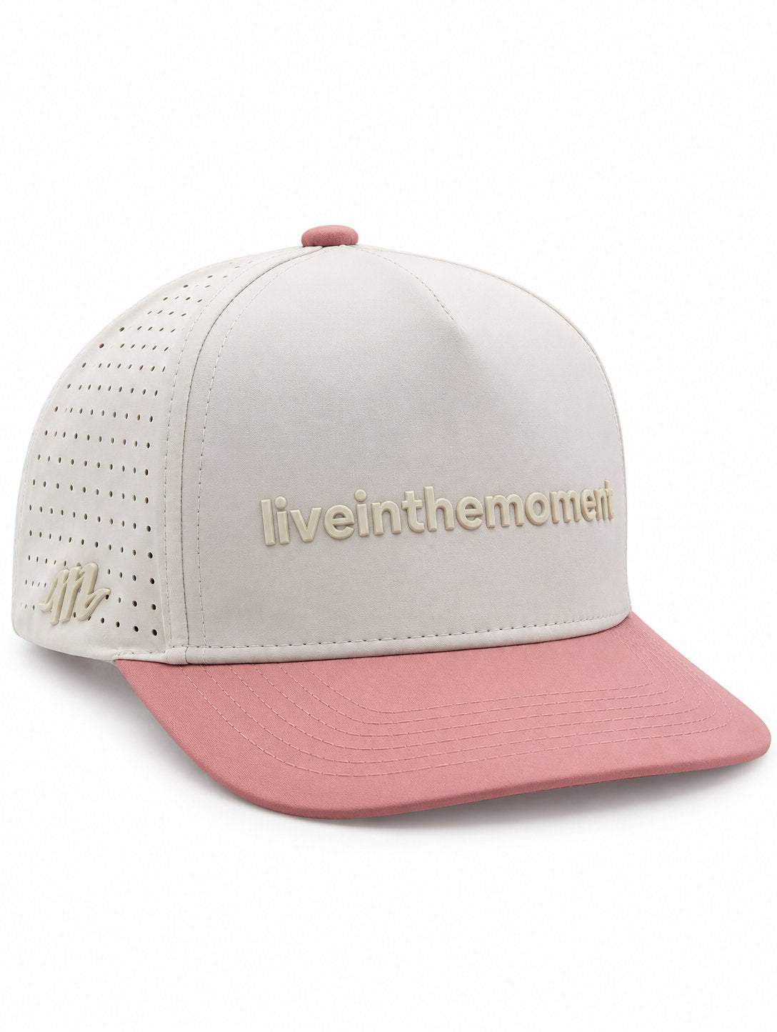 MOJA Kids Live in the Moment water-resistant snapback hat in ivory with a dusty pink brim, three-quarter front view