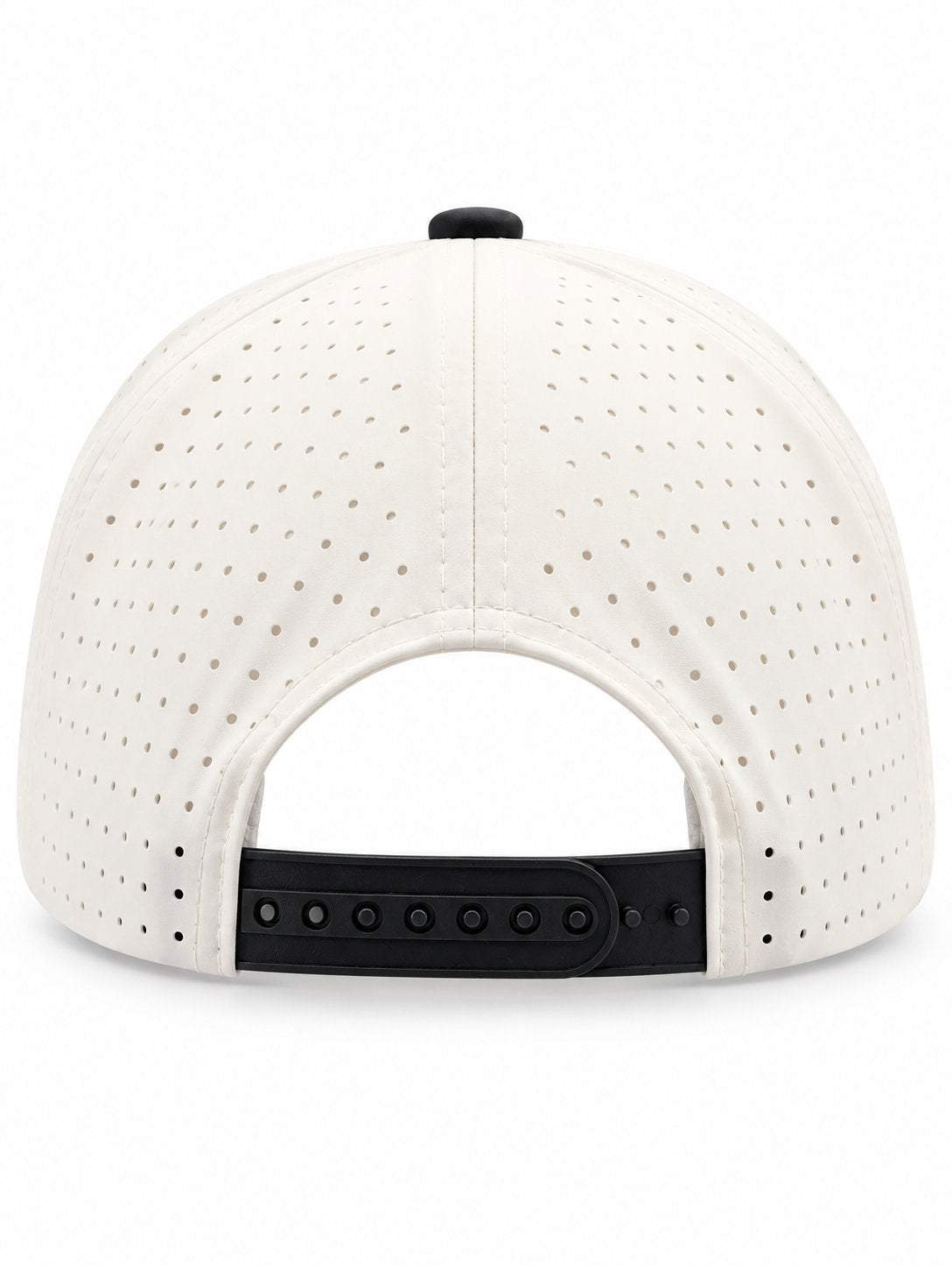 Back of the ivory and black MOJA Kids cap showing laser-cut ventilation holes and the adjustable snapback closure