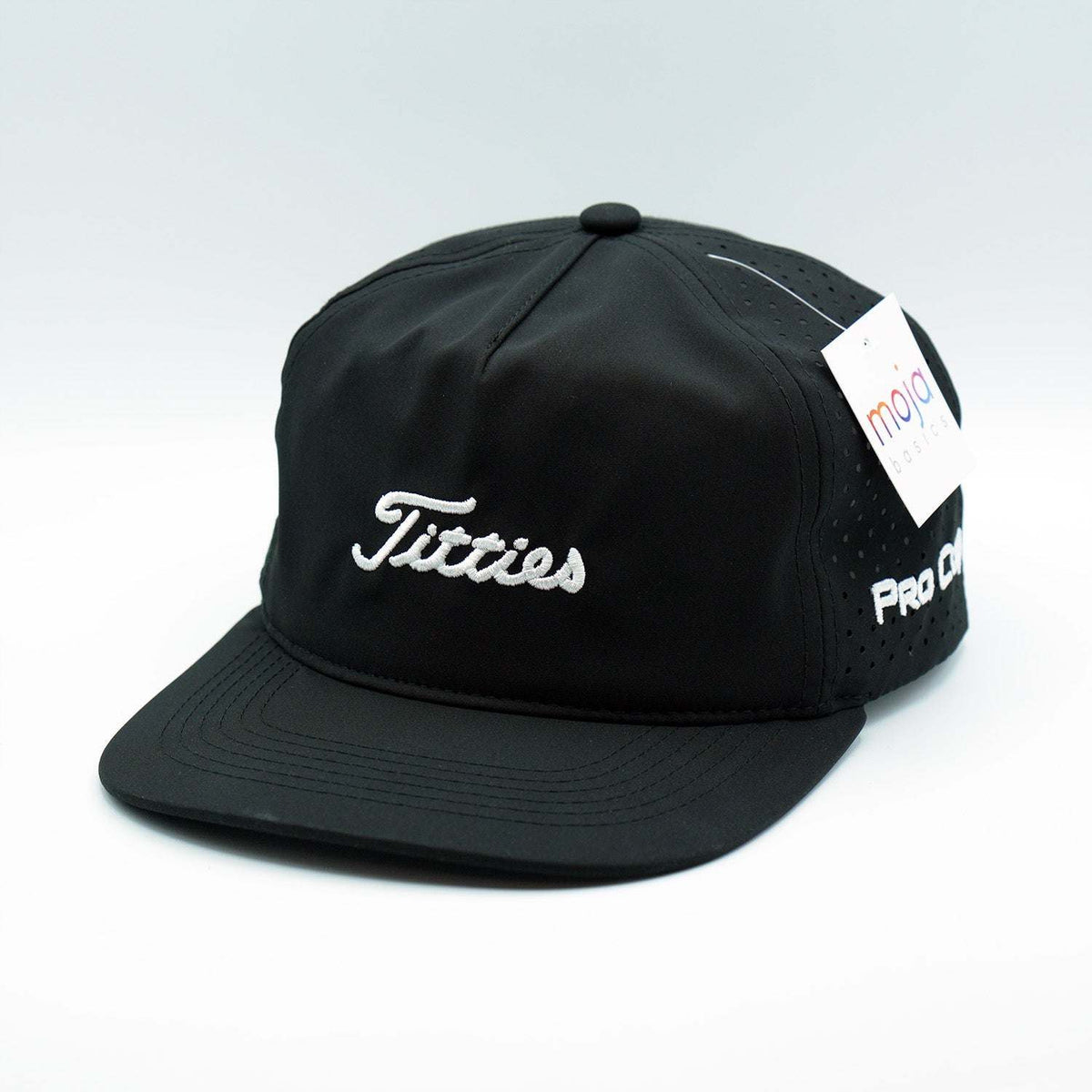 Titties - Titleist Golf Rope Hat, black fabric snapback with white script embroidery, perforated side panels and flat brim.