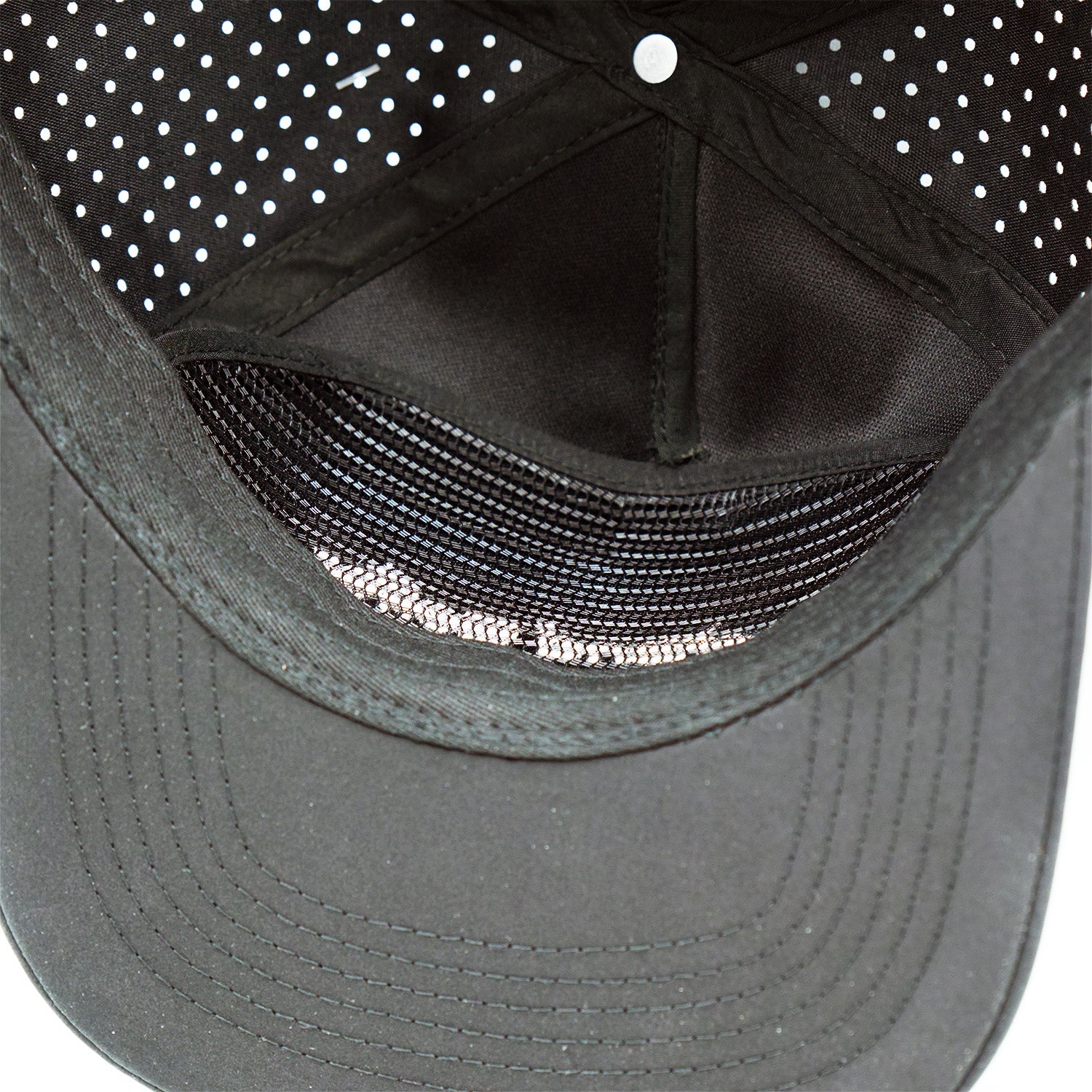 Water resistant black golf snapback hat side angle