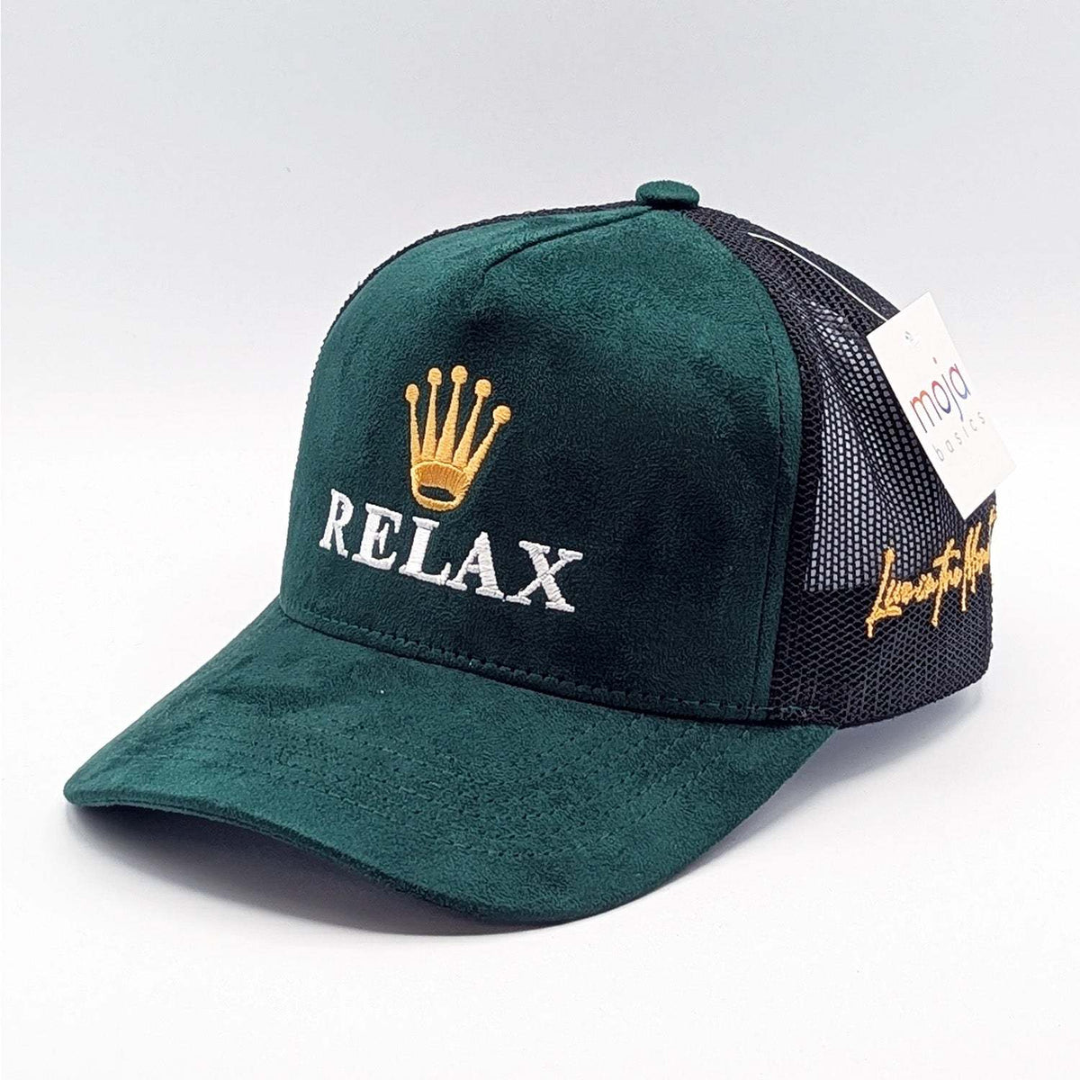 Relax - Premium Suede Snapback Hat in deep green suede with black mesh panels, gold embroidery and curved brim