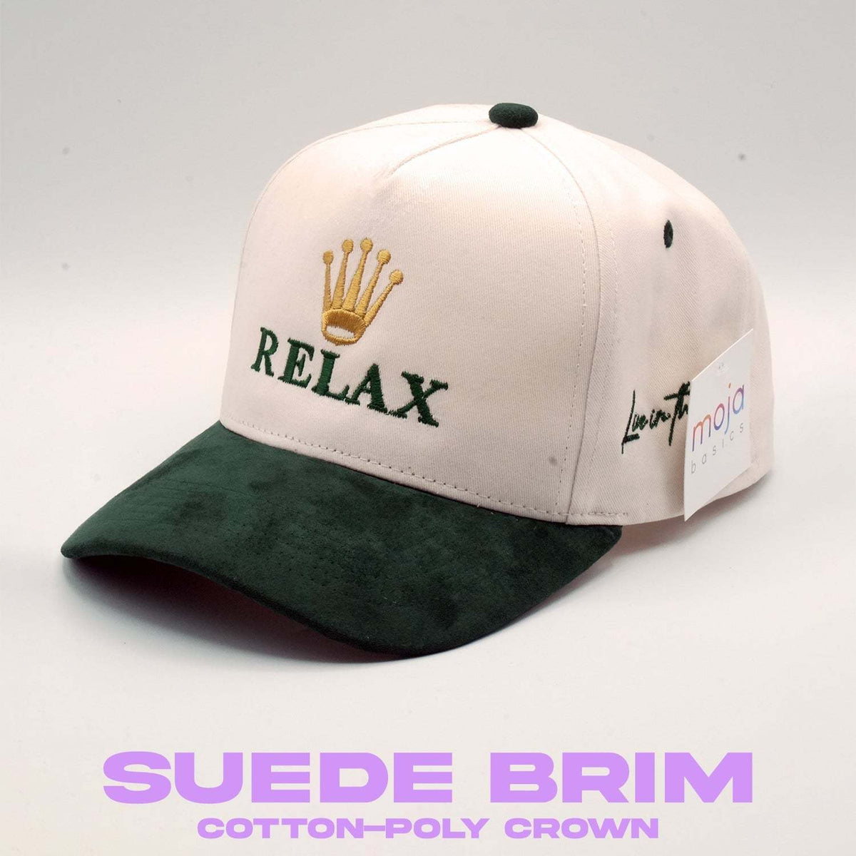 Relax - Premium Suede Snapback Hat with a natural cotton-poly crown, deep green suede brim, and embroidered crown and Relax lettering
