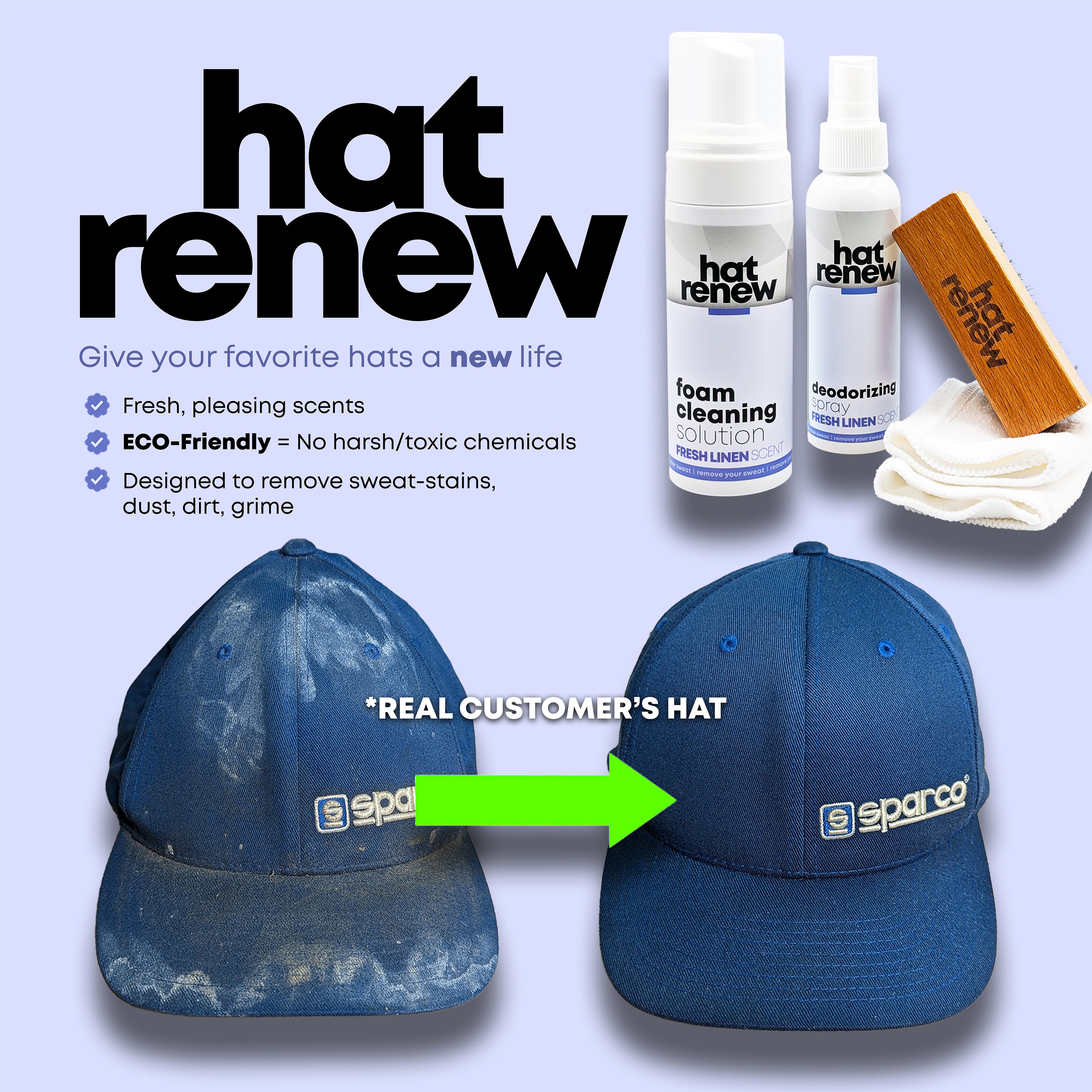 Hat Renew™ Foaming Hat Cleaner – Sweat Stain & Odor Remover (No Washing Machine Needed)