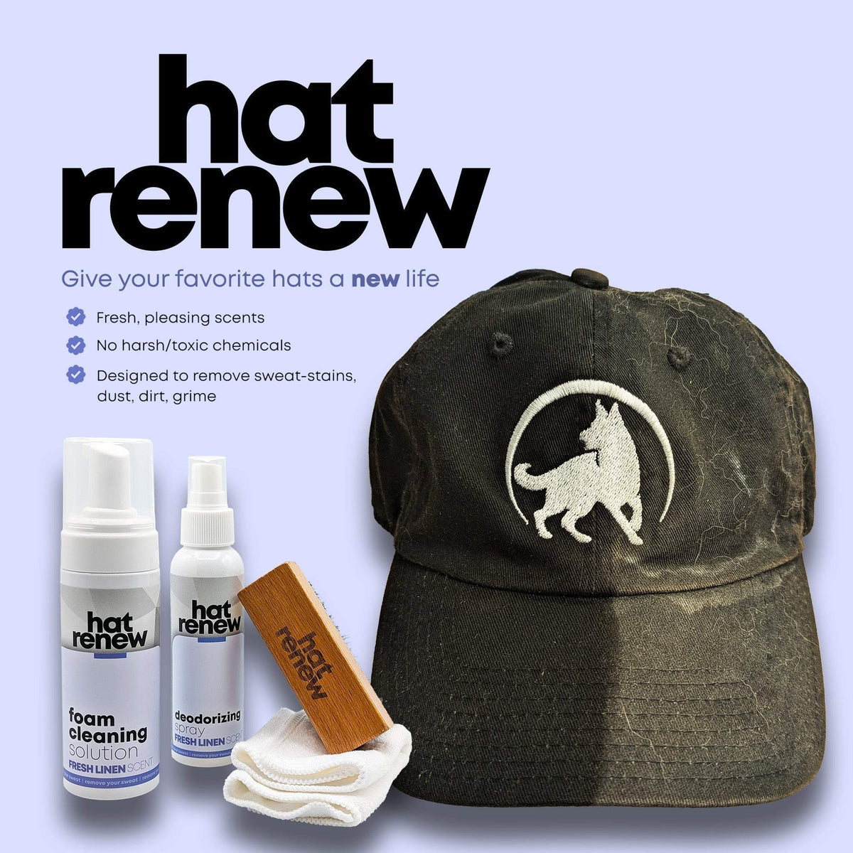 Foaming Hat Cleaner set with white bottles, a wooden brush, and cloth beside a distressed black cap with white wolf emblem