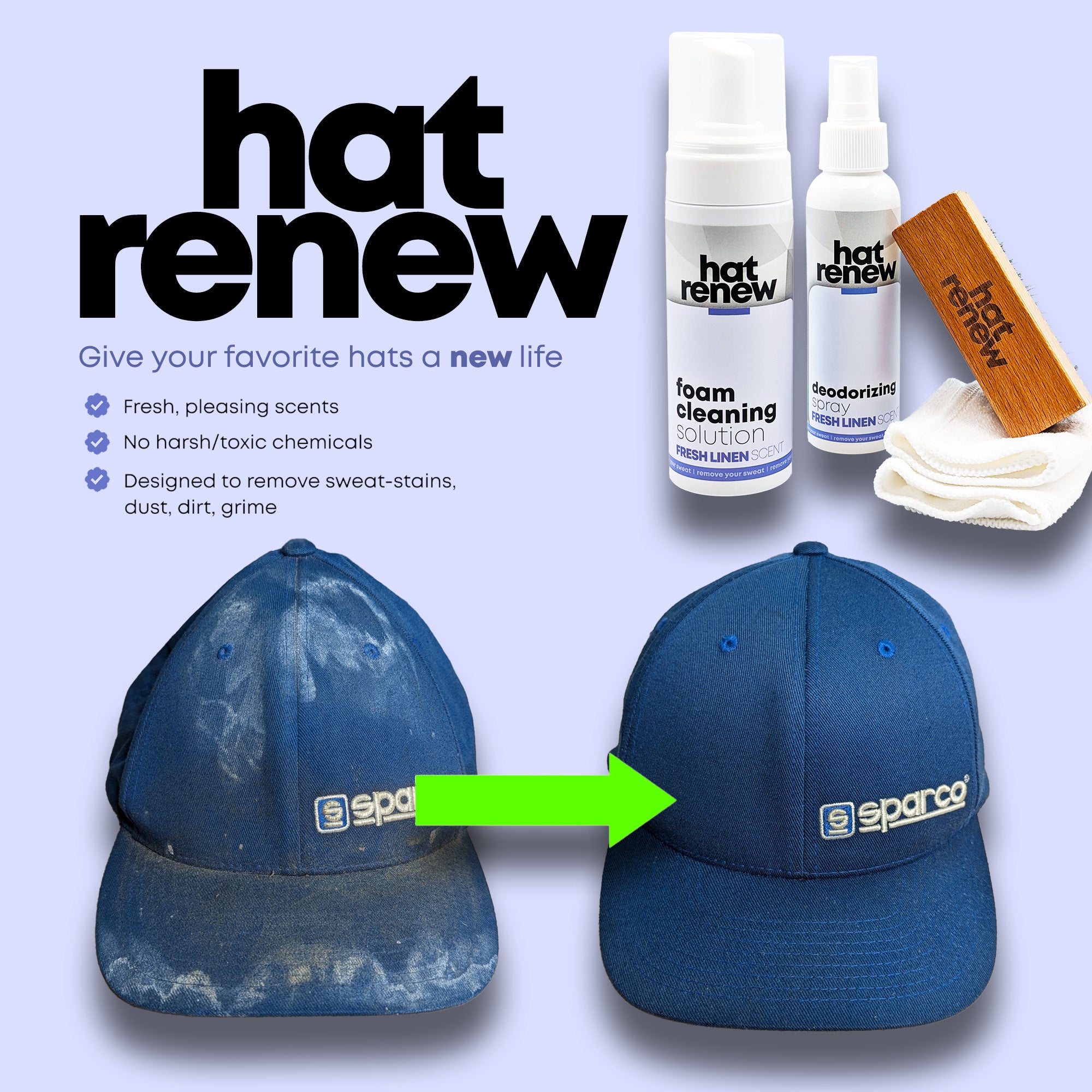 Hat Renew™ Foaming Hat Cleaner – Sweat Stain & Odor Remover (No Washing Machine Needed)