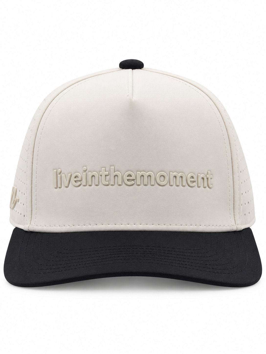 Ivory and black MOJA Kids Live in the Moment cap, front view with raised liveinthemoment lettering