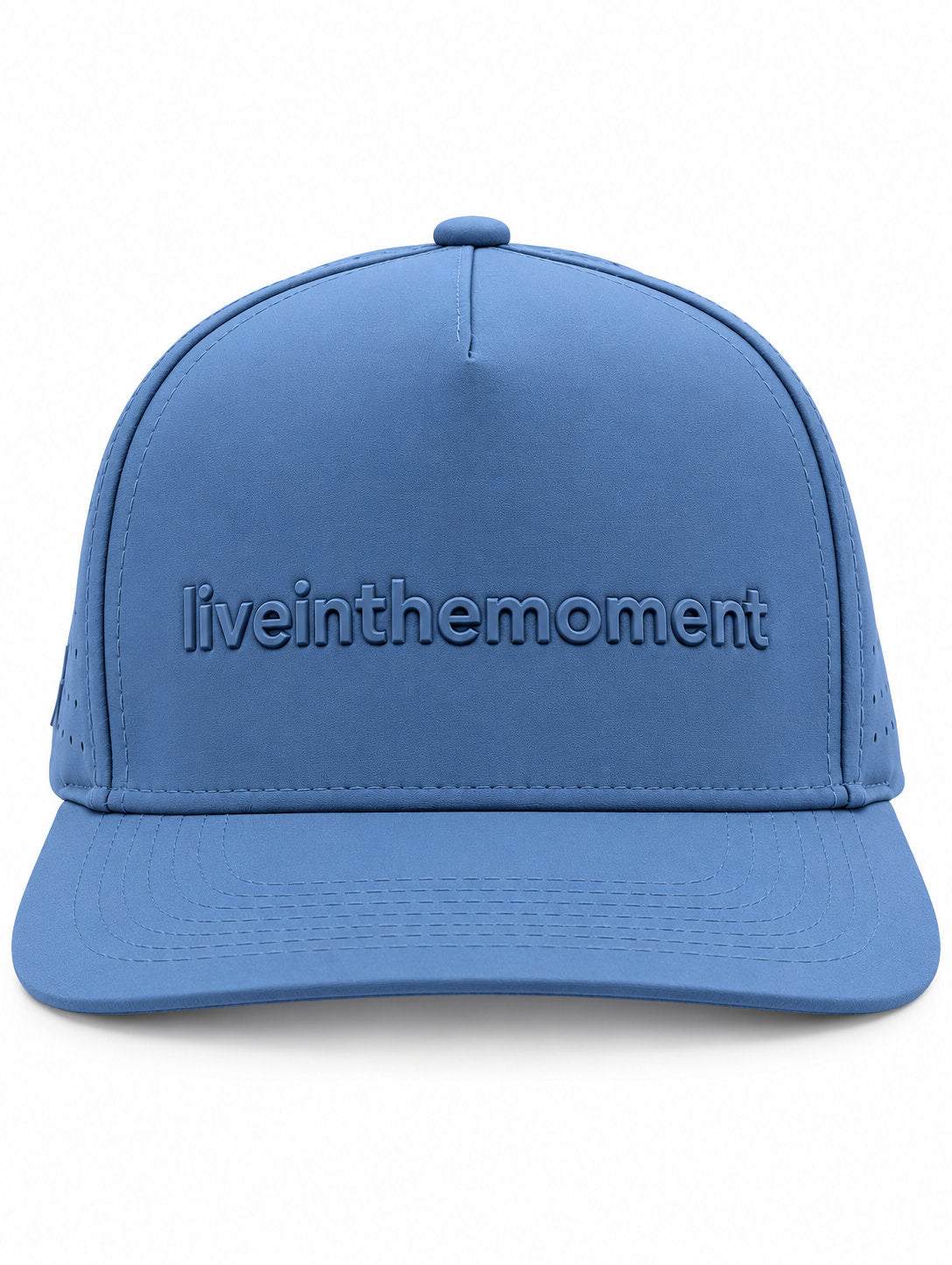 Blue MOJA Kids Live in the Moment cap, front view with raised liveinthemoment lettering