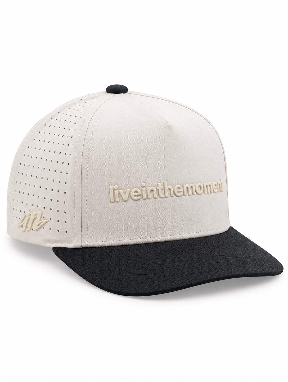 MOJA Kids Live in the Moment water-resistant snapback hat in ivory with a black brim, three-quarter front view
