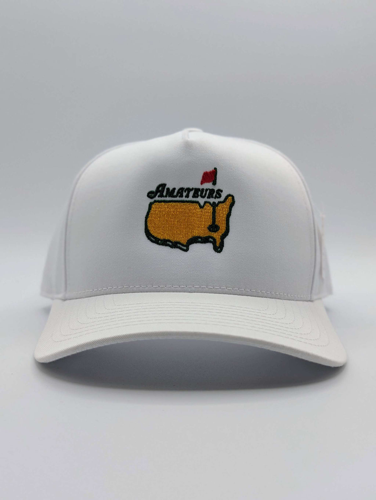 PGA AMATEURS Golf Hat, white snapback cap with curved brim and embroidered yellow golf course map and lettering.