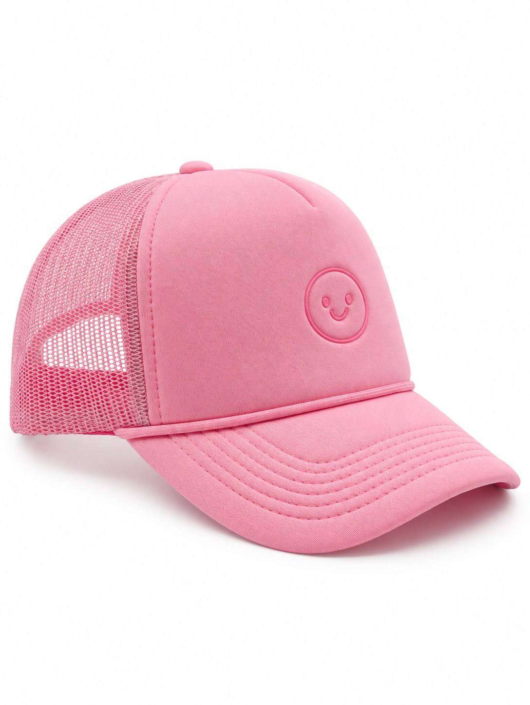Children's Snapback Hat in pink foam with mesh back, curved stitched brim, and a raised smiley-face emblem.