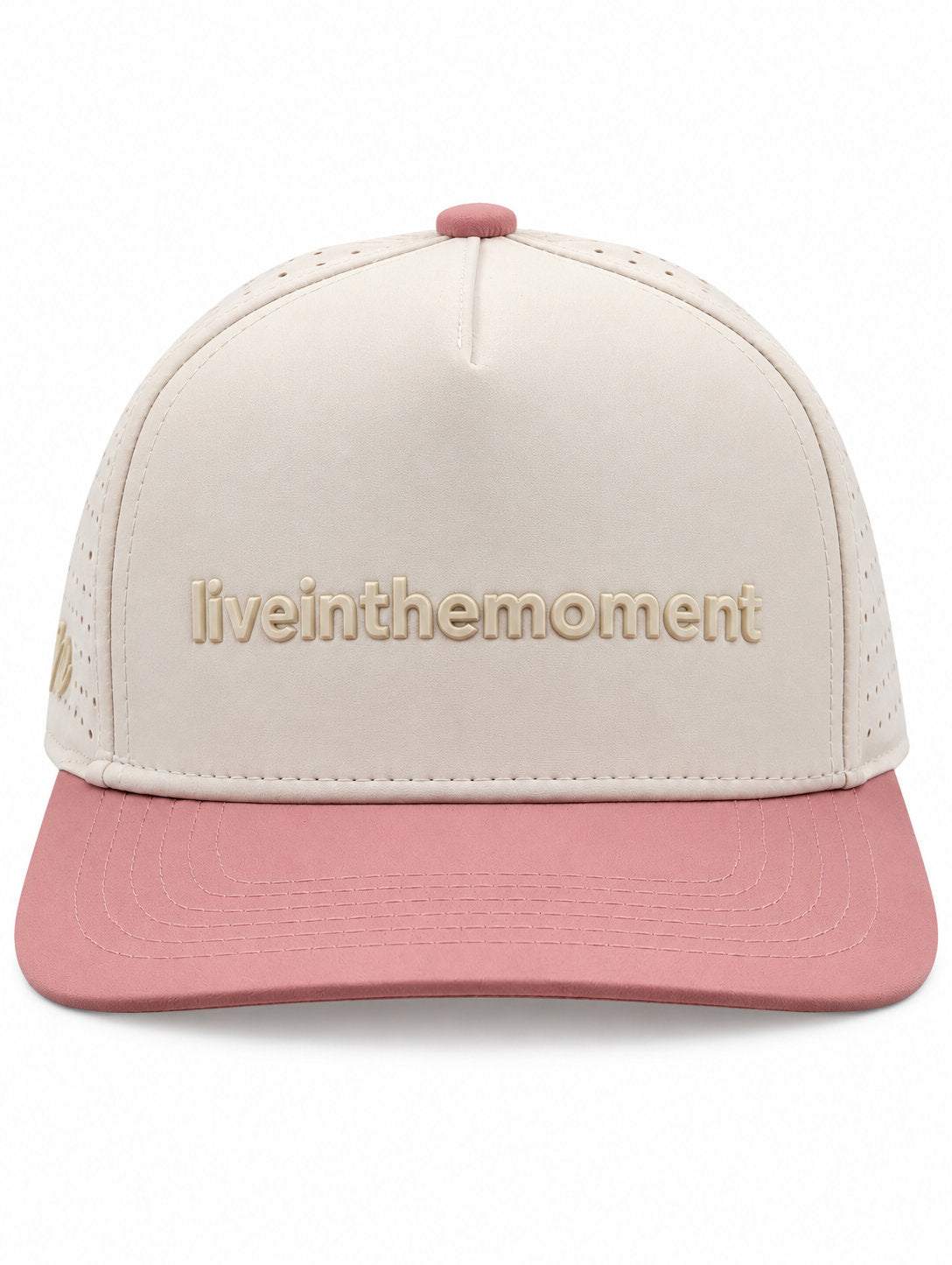 Ivory and dusty pink MOJA Kids Live in the Moment cap, front view with raised liveinthemoment lettering