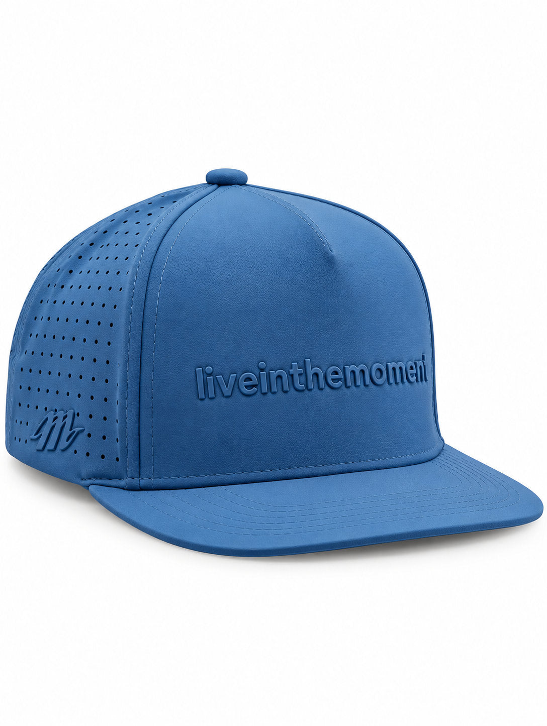 MOJA Kids Live in the Moment water-resistant snapback hat in blue, three-quarter front view
