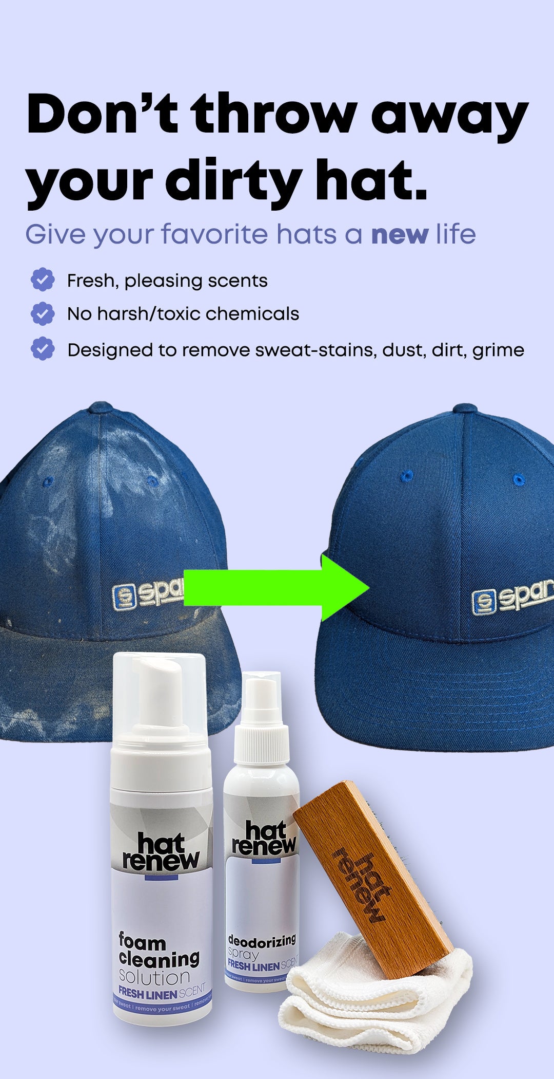 Hat Renew™ Foaming Hat Cleaner – Sweat Stain & Odor Remover (No Washing Machine Needed)