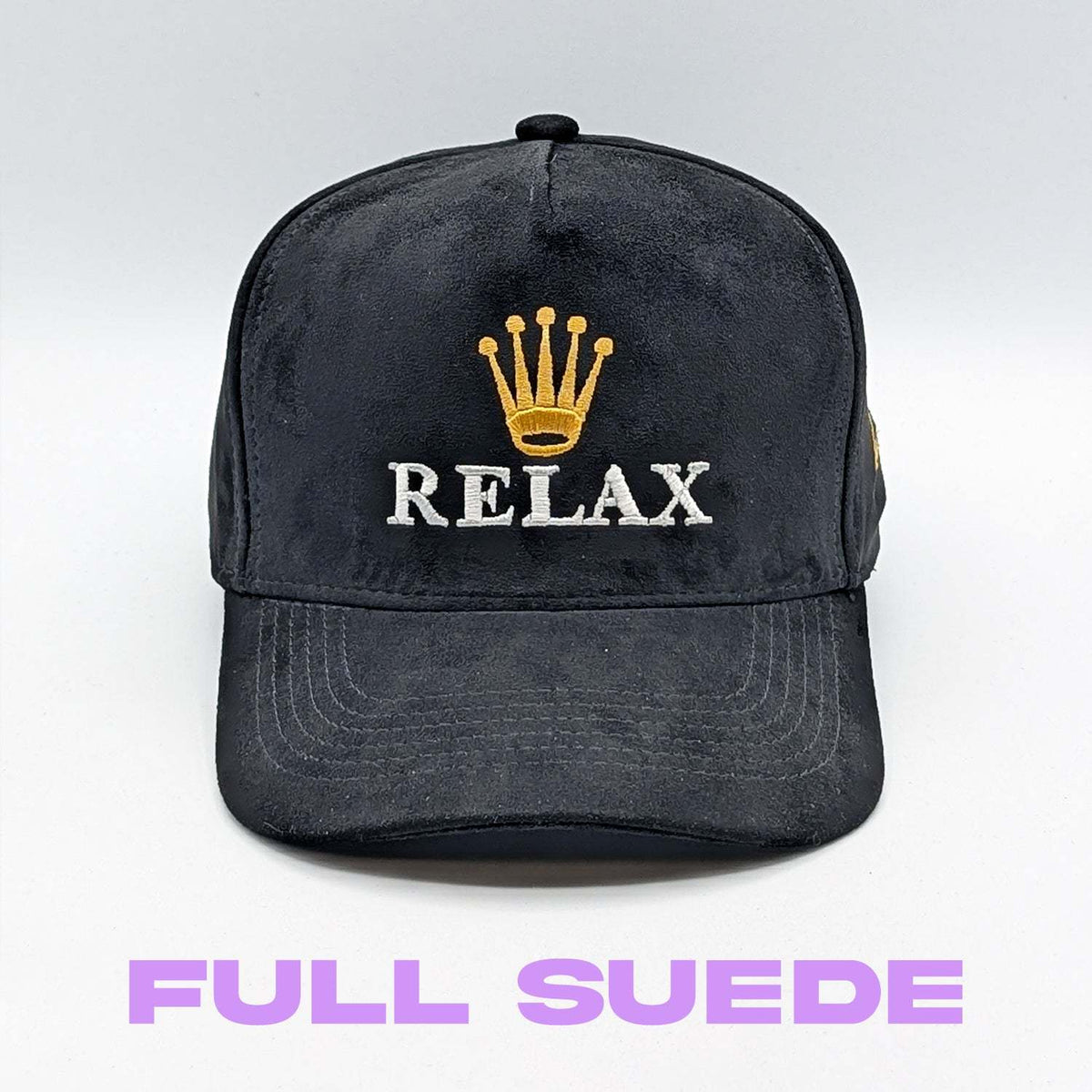 Relax - Premium Suede Snapback Hat in black suede with a curved brim, gold crown embroidery and white RELAX lettering
