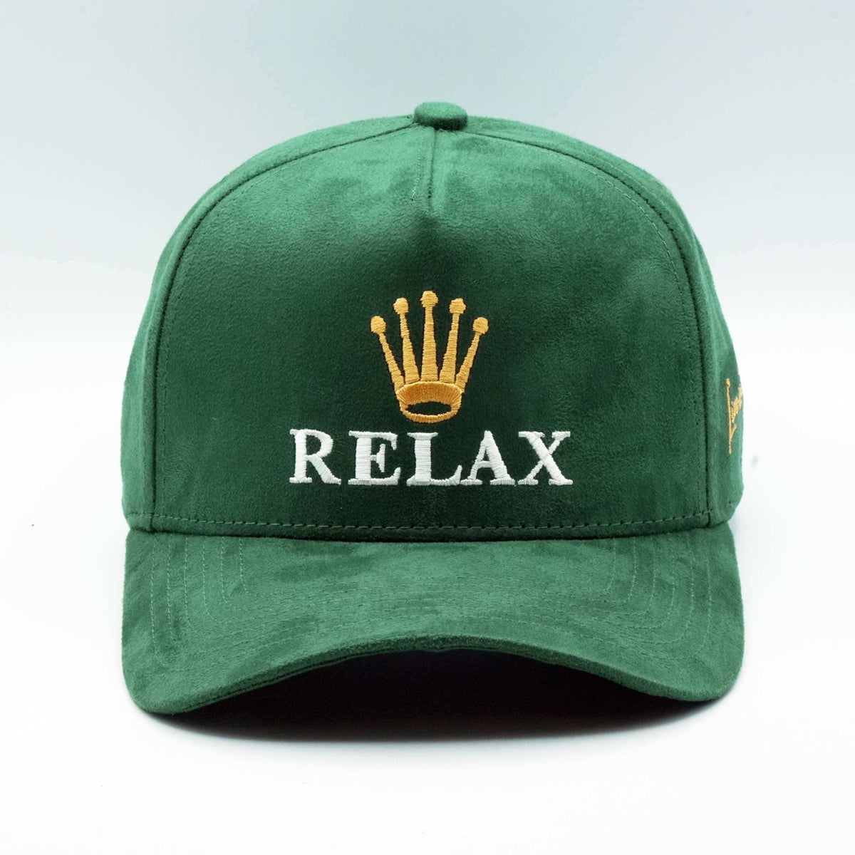 Green Relax - Premium Suede Snapback Hat with a soft suede-like finish, curved brim, and gold crown embroidery.