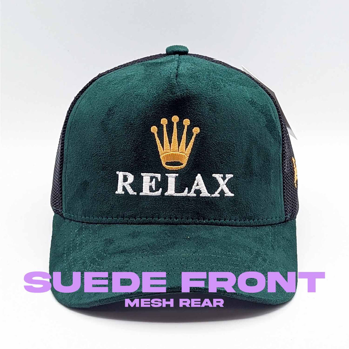 Relax - Premium Suede Snapback Hat in deep green suede with black mesh rear, embroidered crown emblem and RELAX lettering